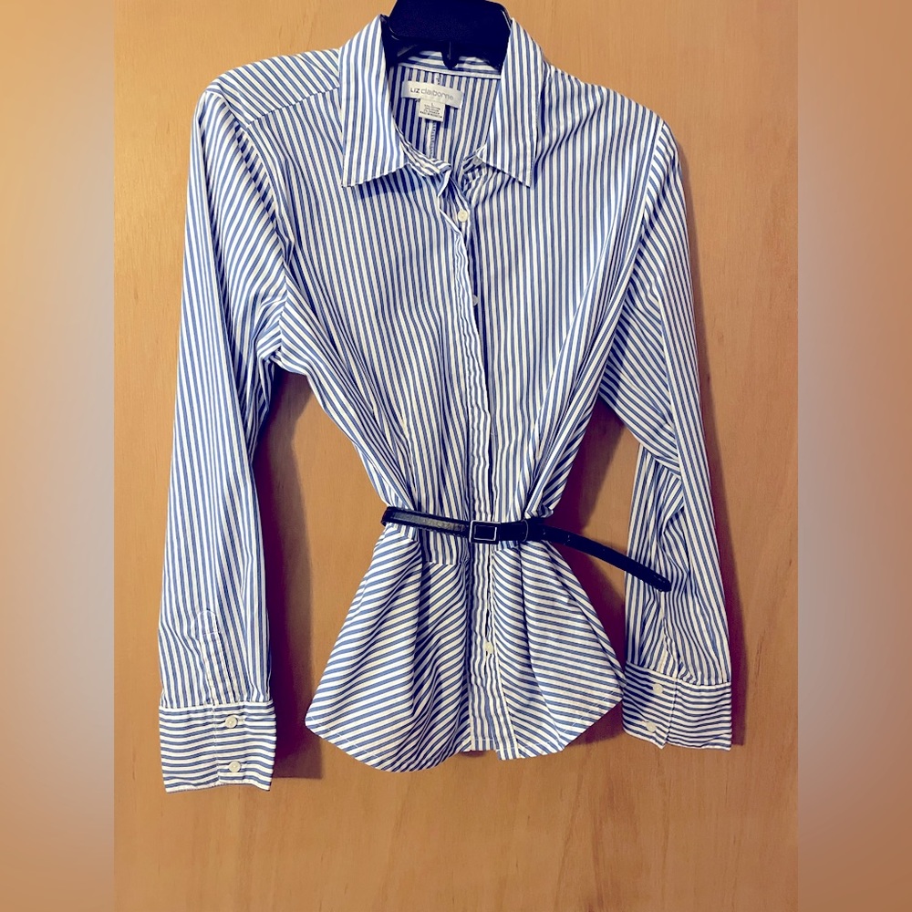 Liz Claiborne belted blouse, L, blue and white stripe, EUC